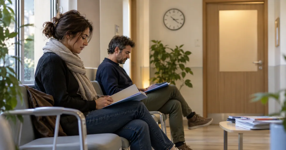 People waiting with their folders outside a consultation room.