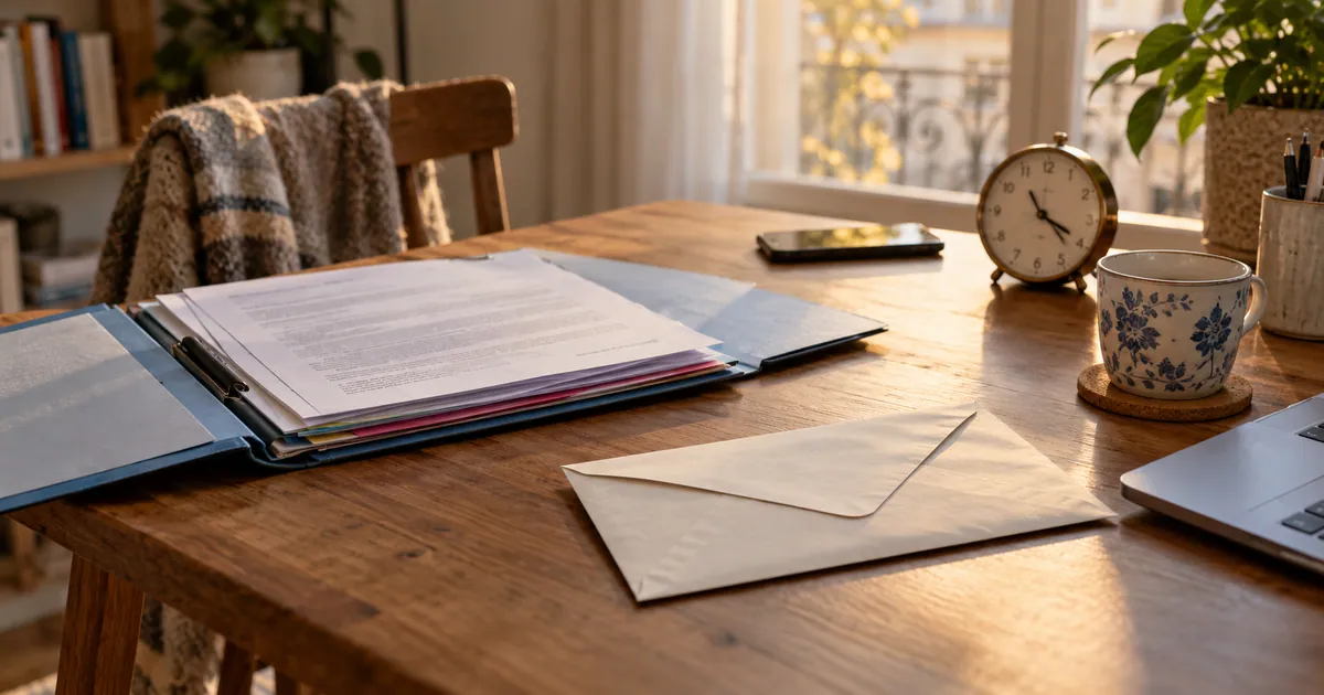 Courrier, dossier et horloge sur un bureau.