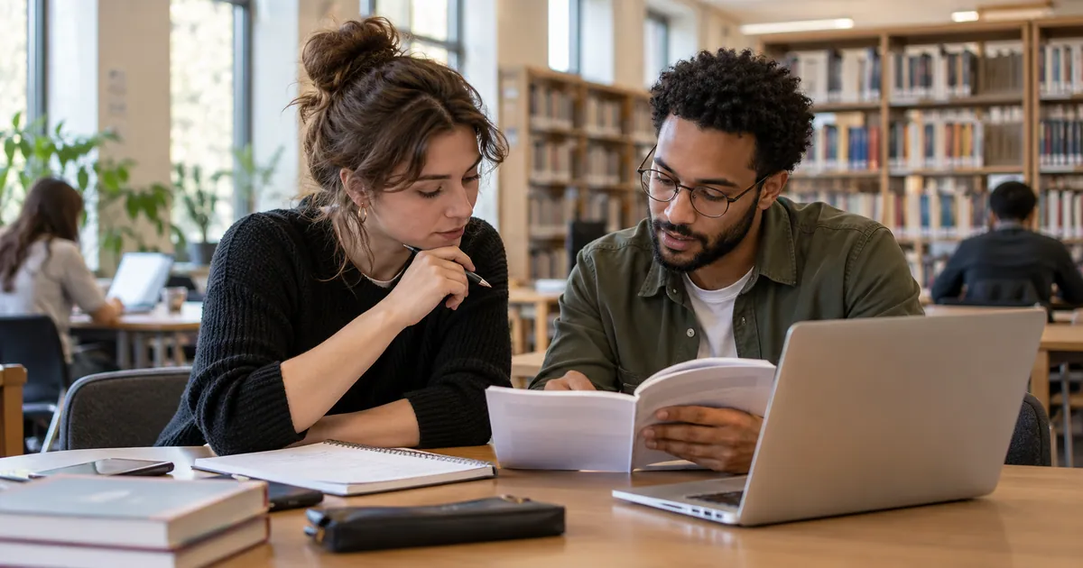 Adultes révisant ensemble dans une bibliothèque.