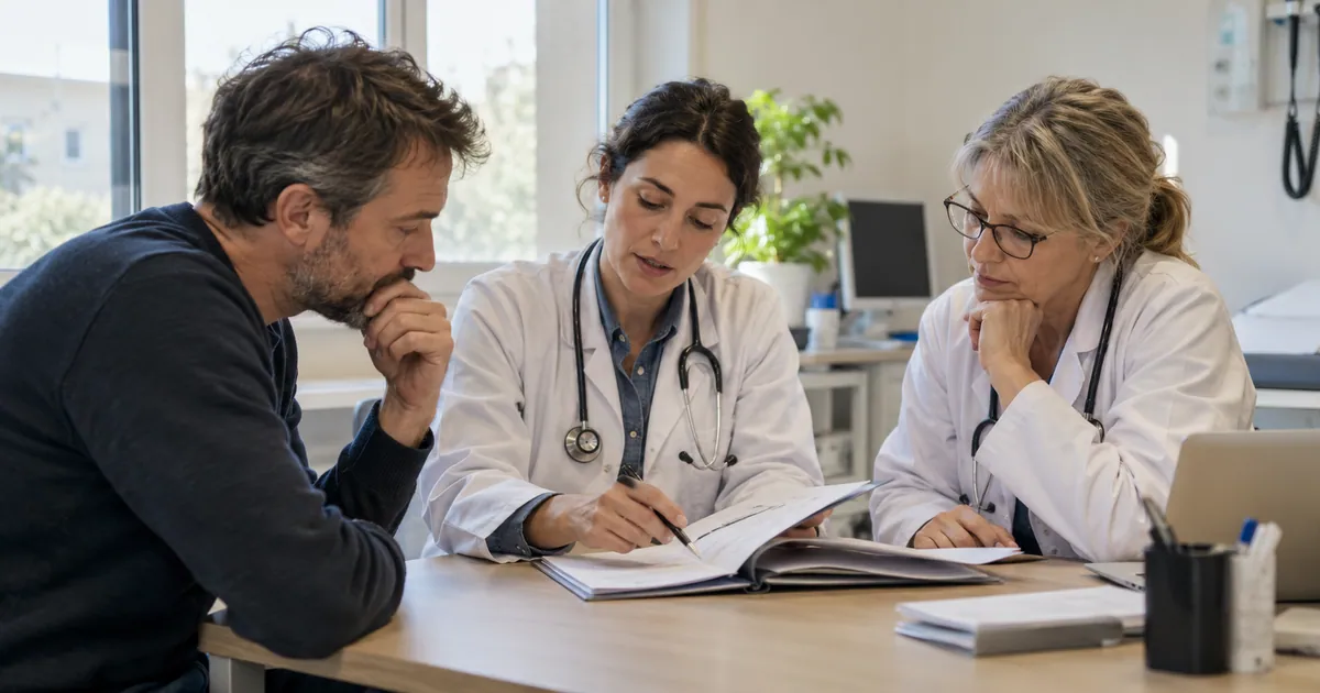 Visitor and doctors reviewing paperwork in a consultation.
