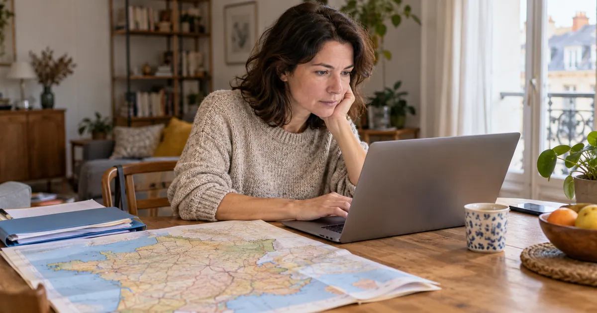Recherche d’un service administratif avec une carte et un ordinateur.