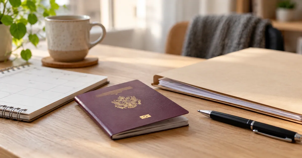 Closed passport and paperwork prepared for a renewal.